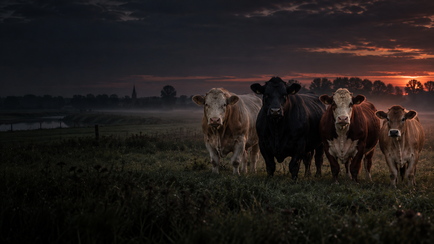 Premium cattle breeds in a field at dusk